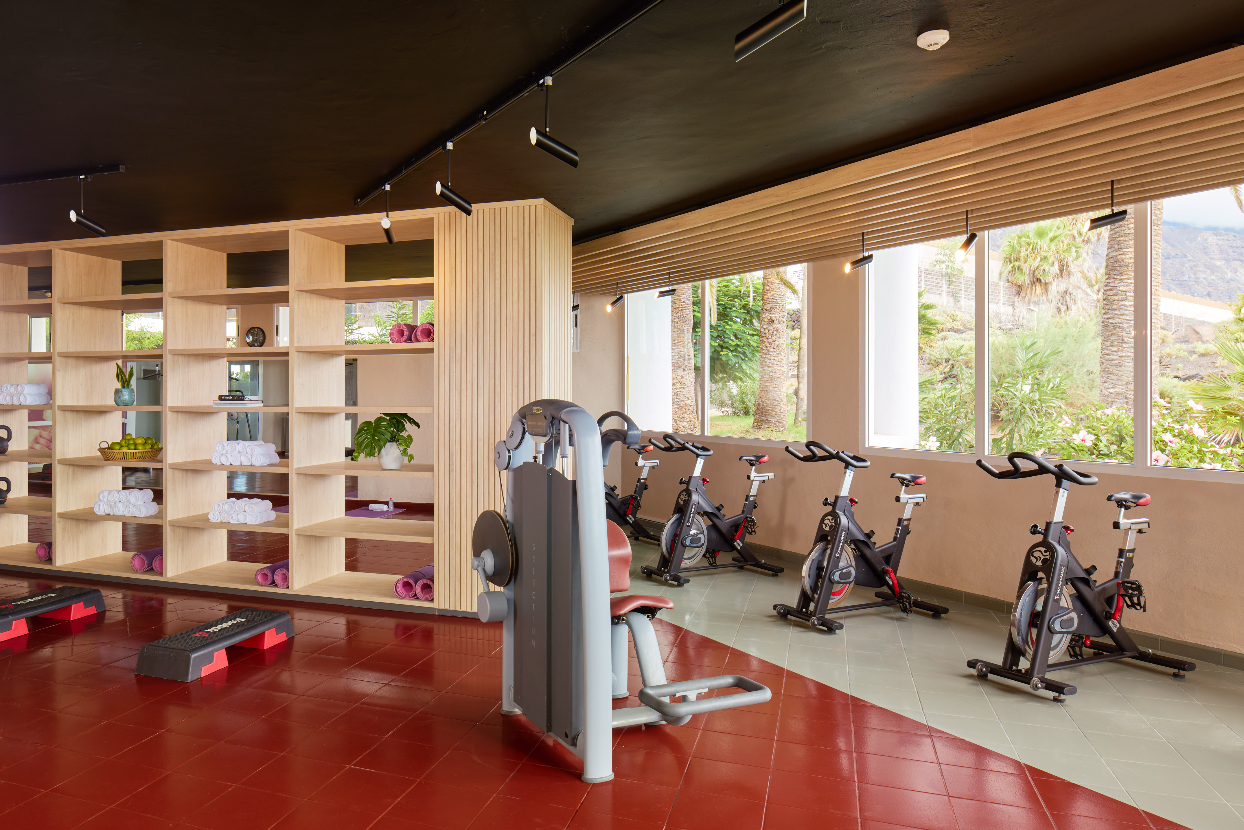 Modern fitness center with spin bikes, workout equipment, and tropical window views.