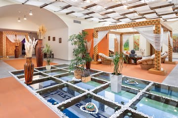 a room with a glass floor and plants