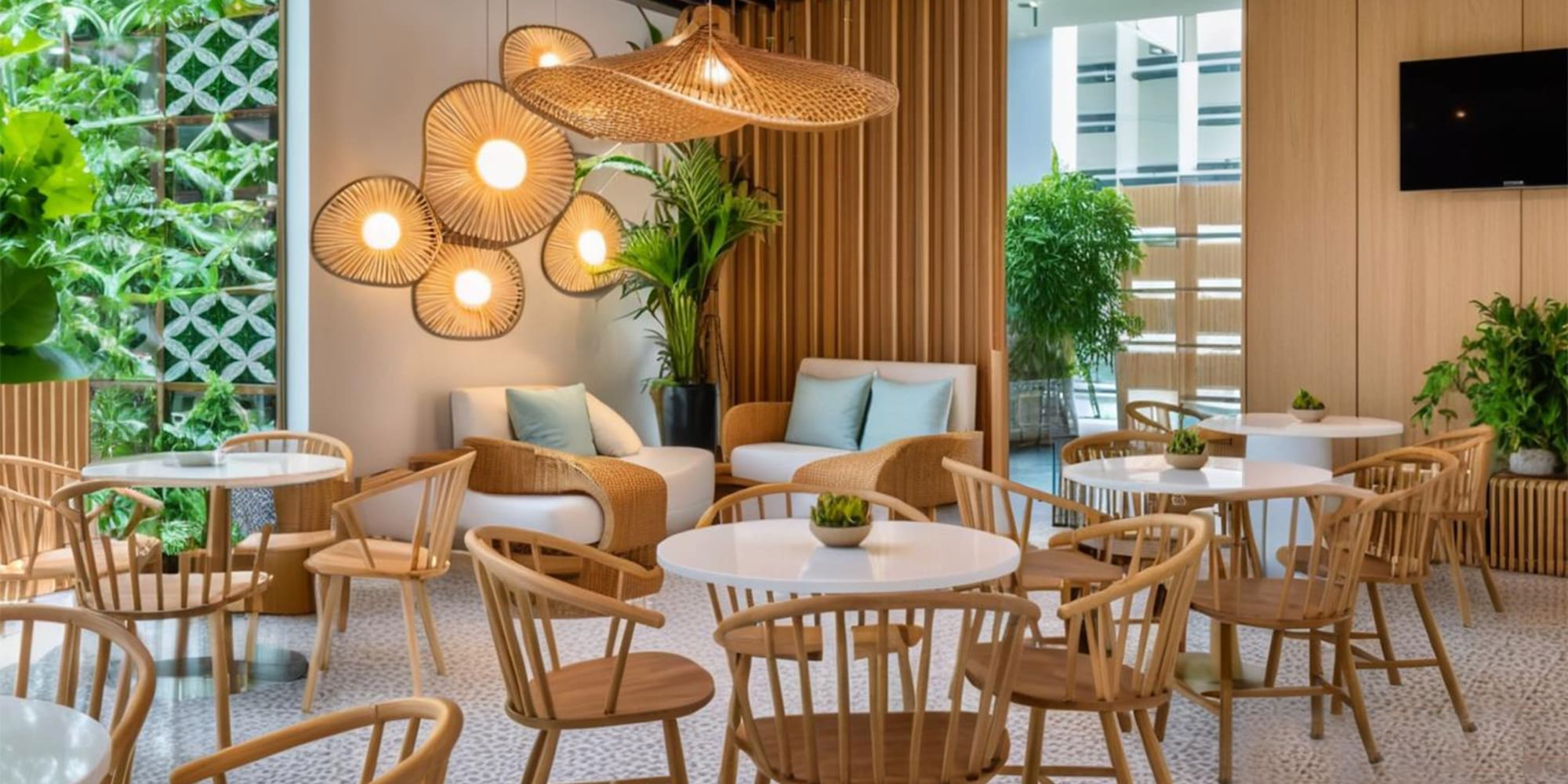 a room with chairs and tables