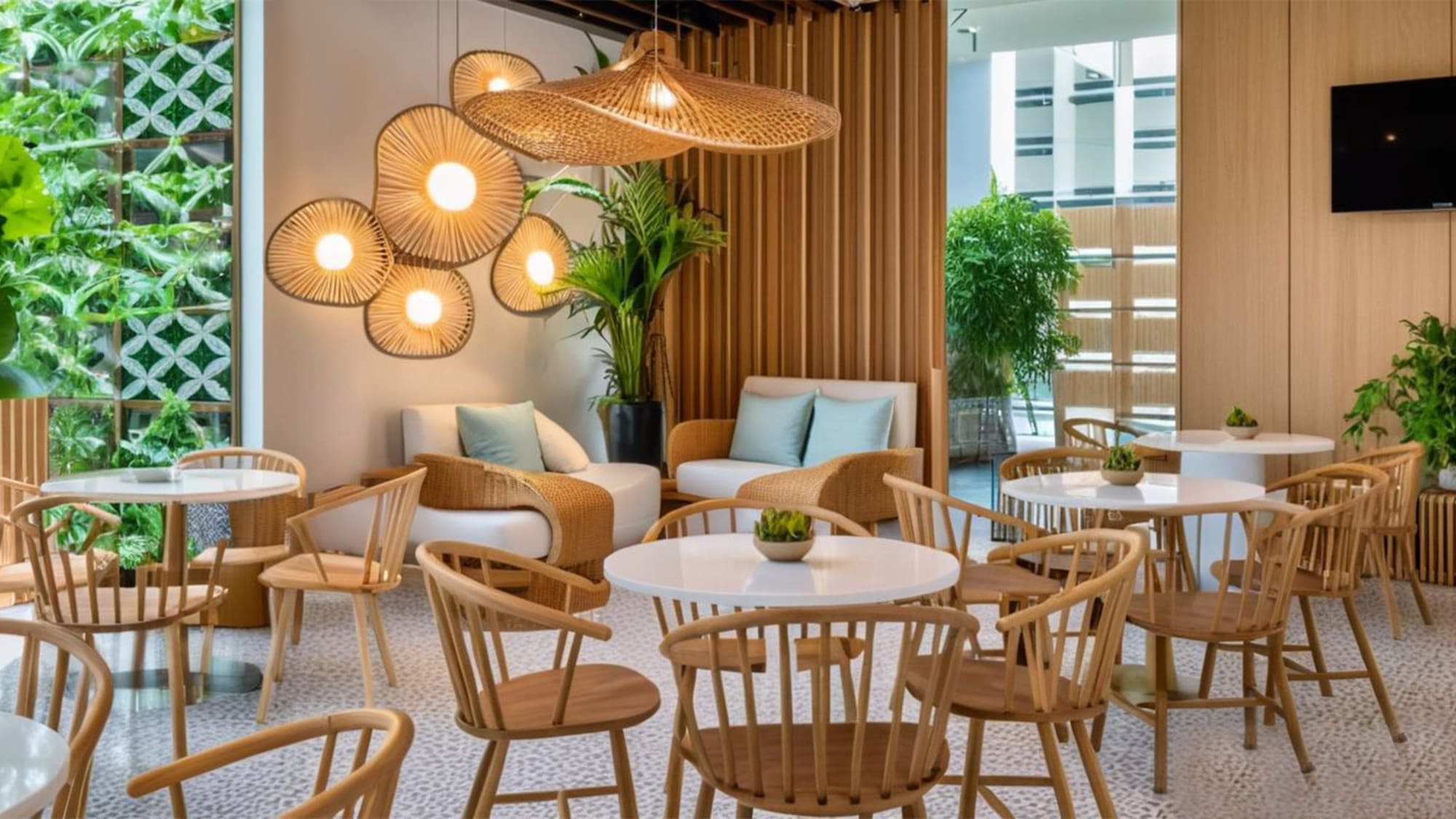 a room with chairs and tables