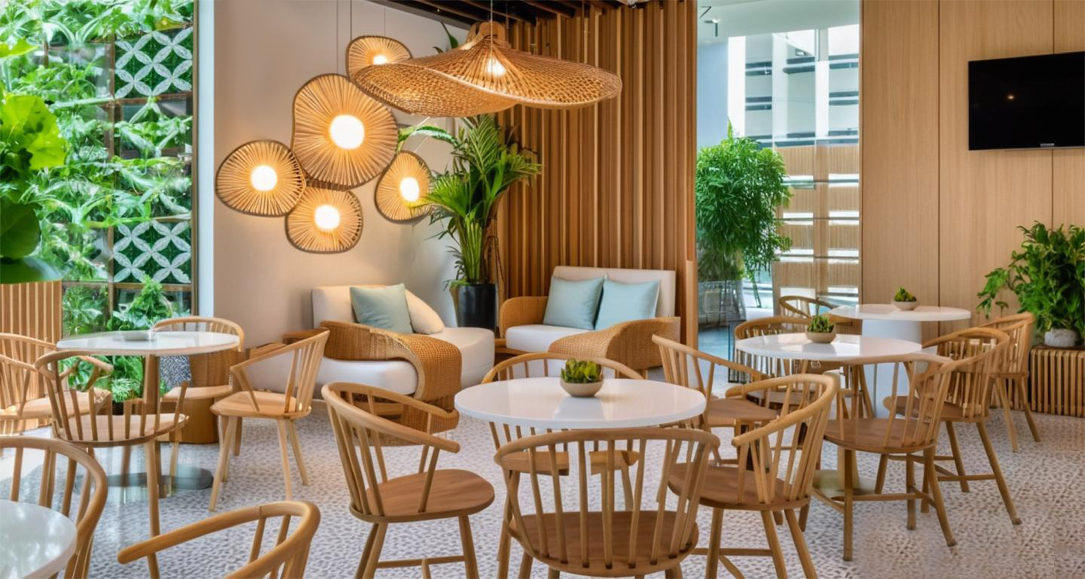 a room with chairs and tables