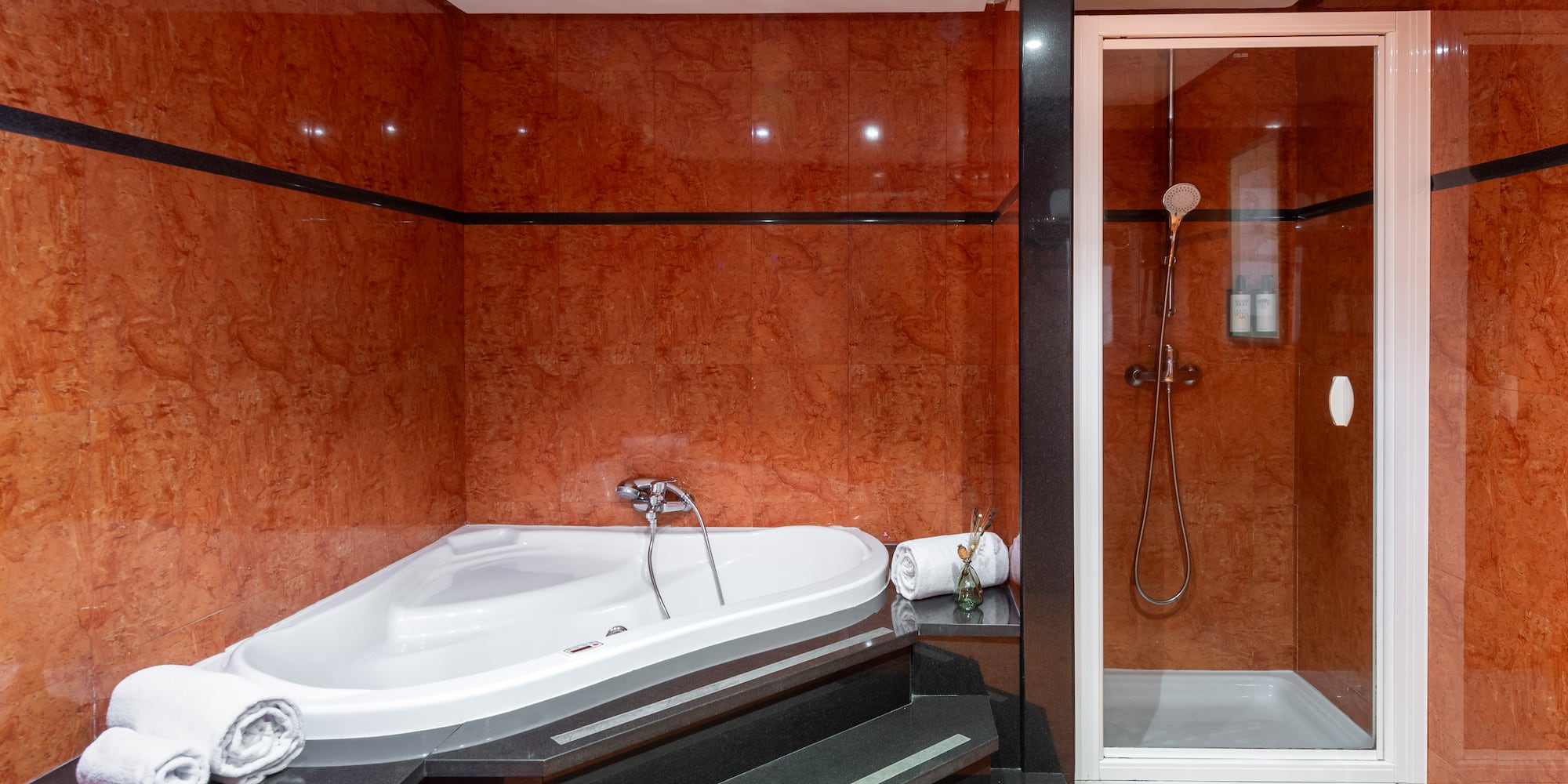 a bathroom with a bathtub and shower