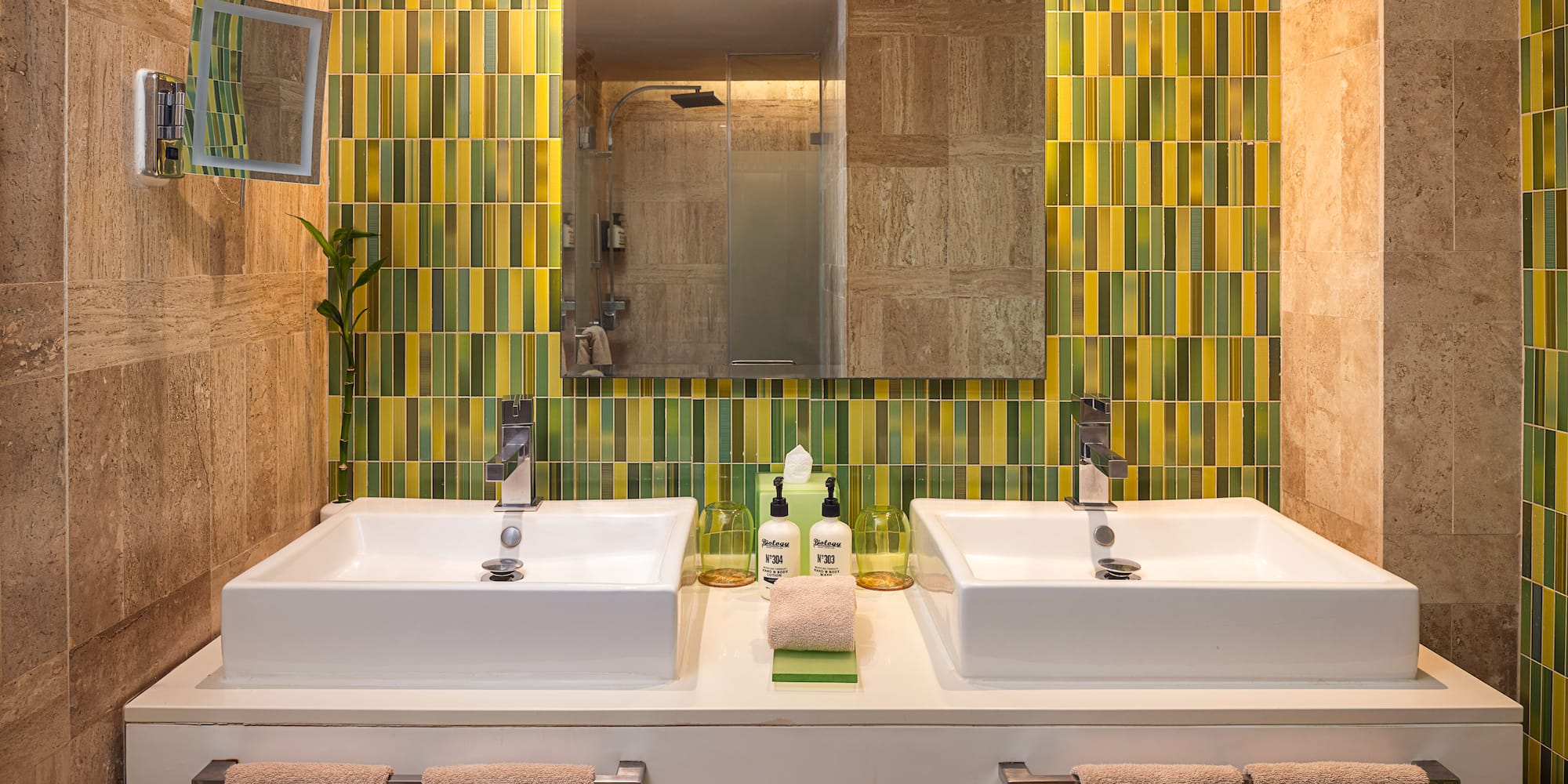 Modern bathroom with double sinks, green and yellow mosaic tiles, and large mirror. - The Reserve Suite Vue sur le jardin King - Paradisus Los Cabos - Adults Only, Los Cabos