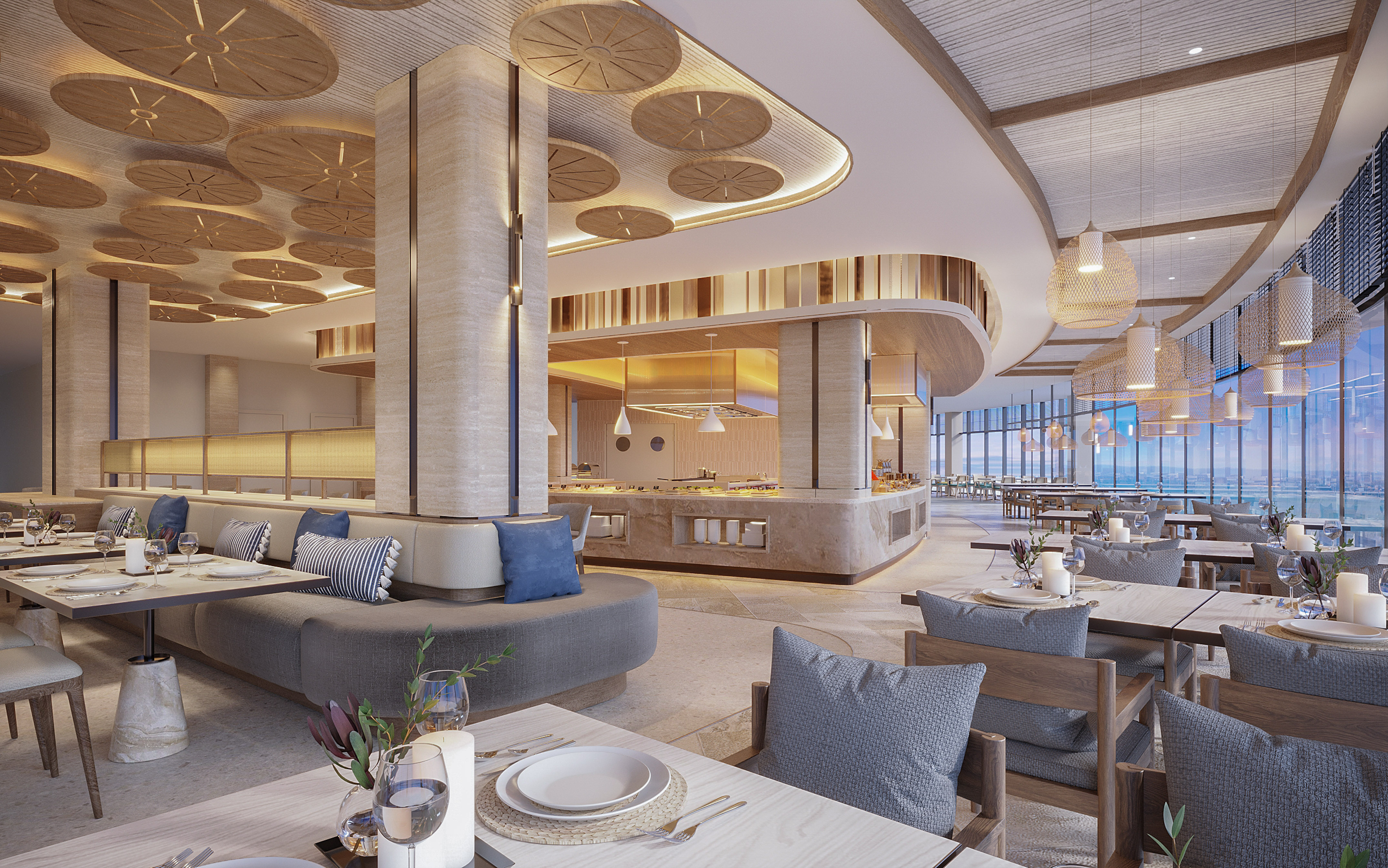 Upscale buffet restaurant interior with open kitchen and panoramic views.