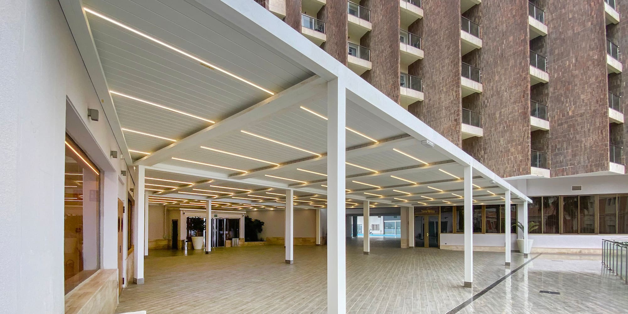 a building with a covered patio