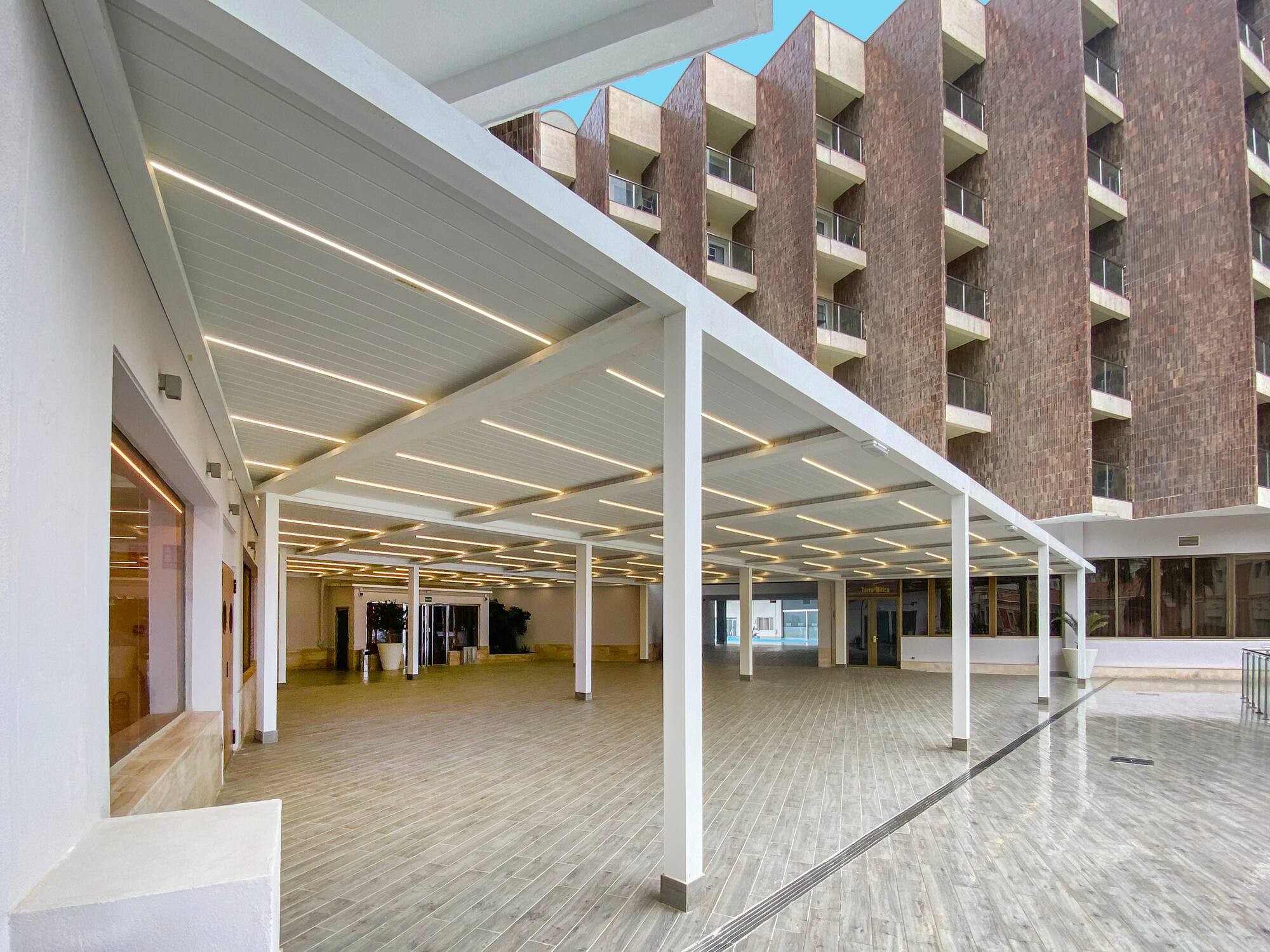 a building with a covered patio