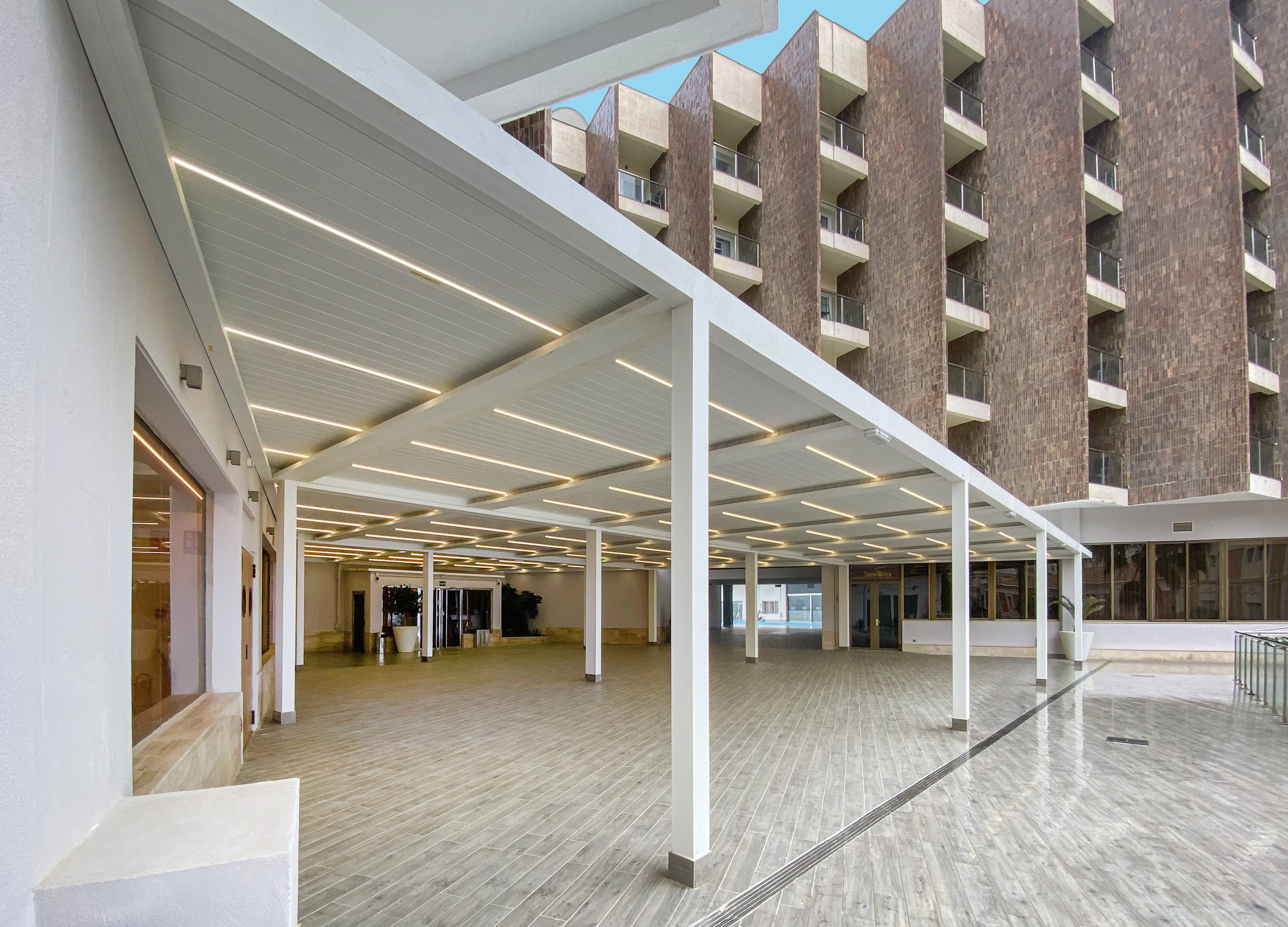 a building with a covered patio