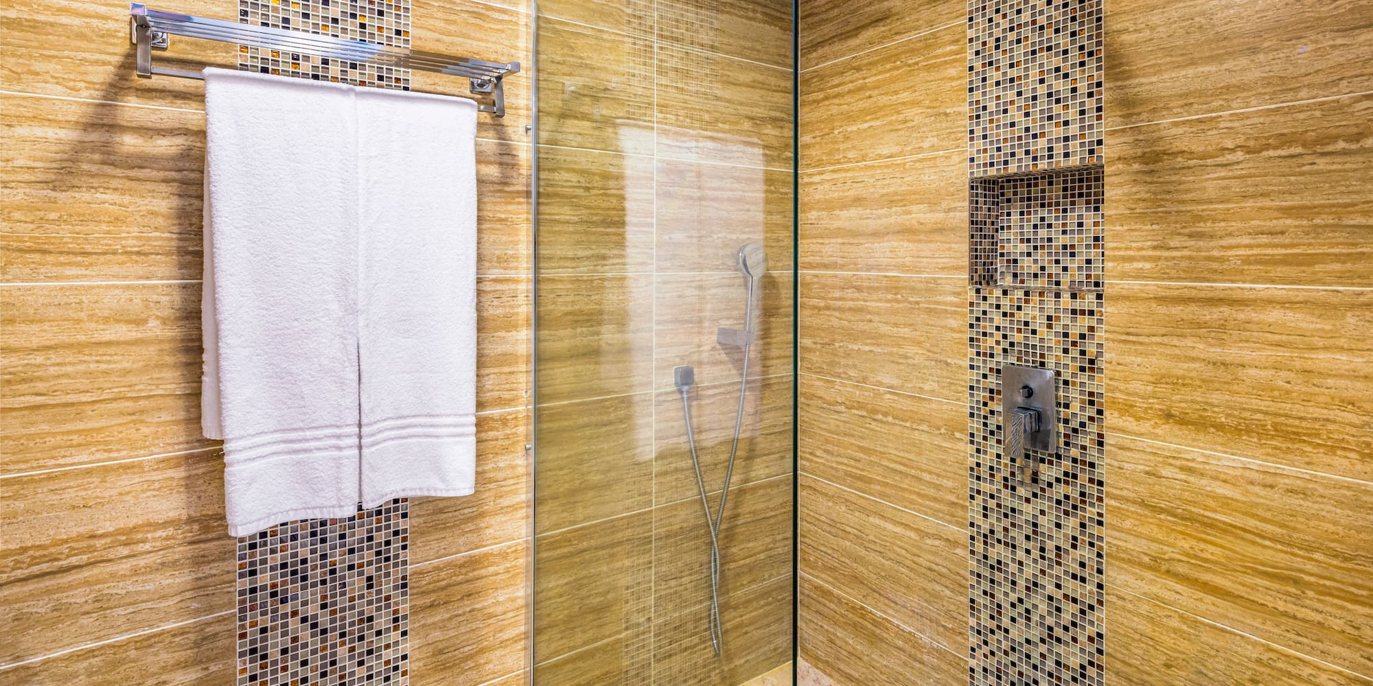 a shower with a glass door