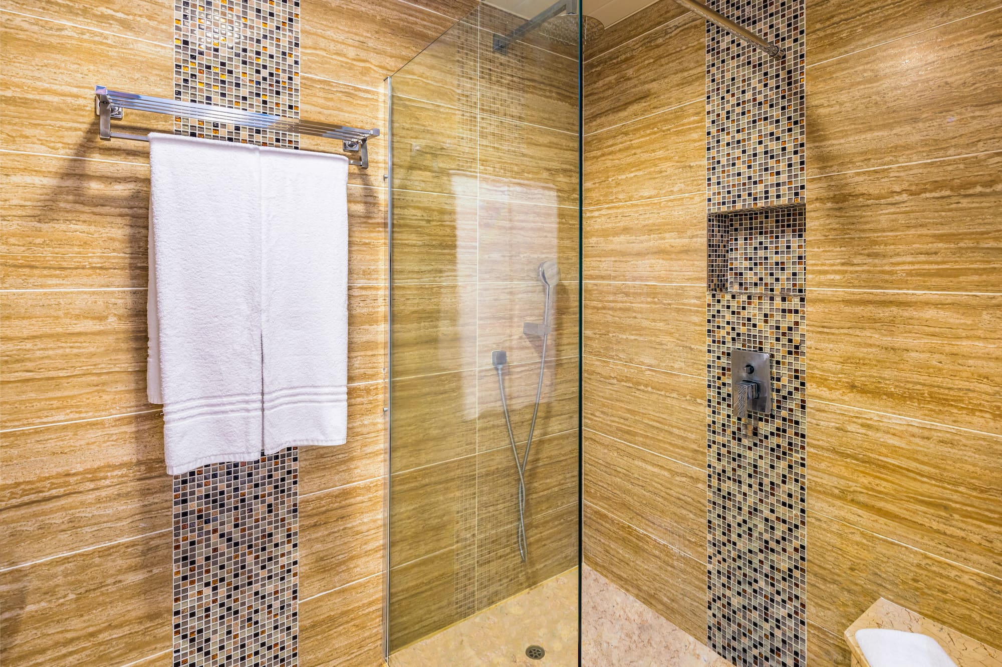 a shower with a glass door