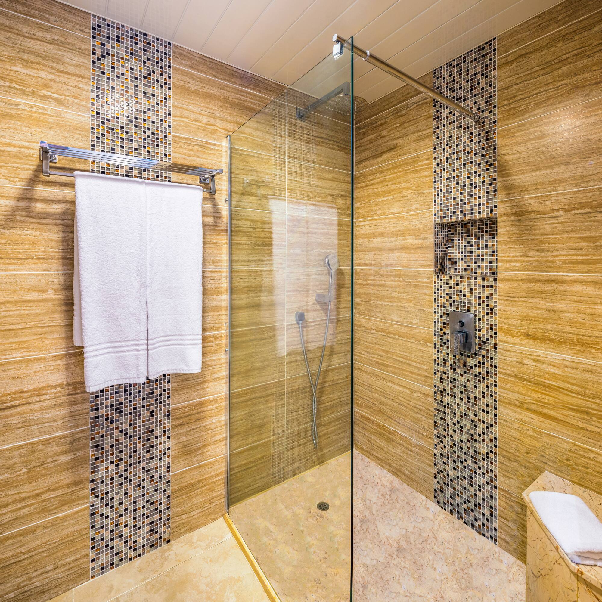 a shower with a glass door