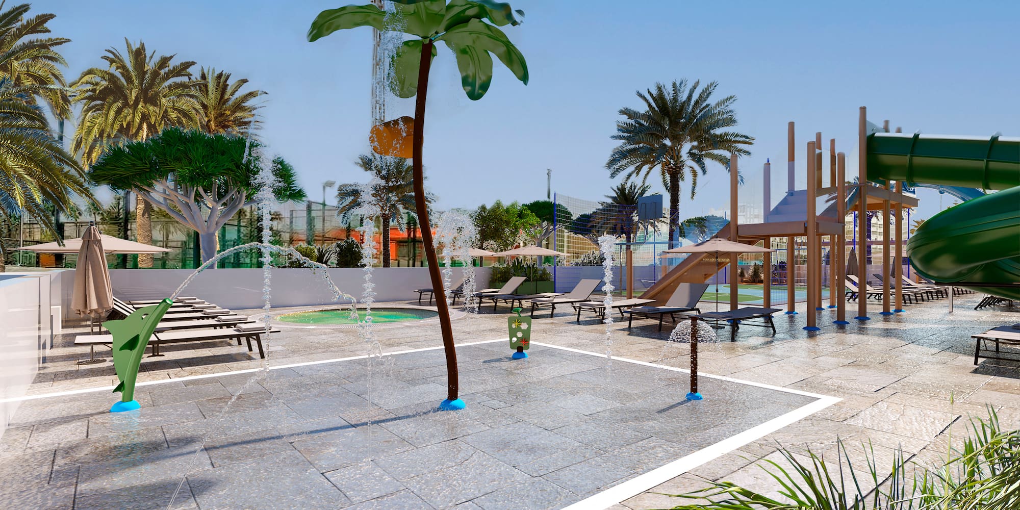 a water fountain with palm trees and a playground