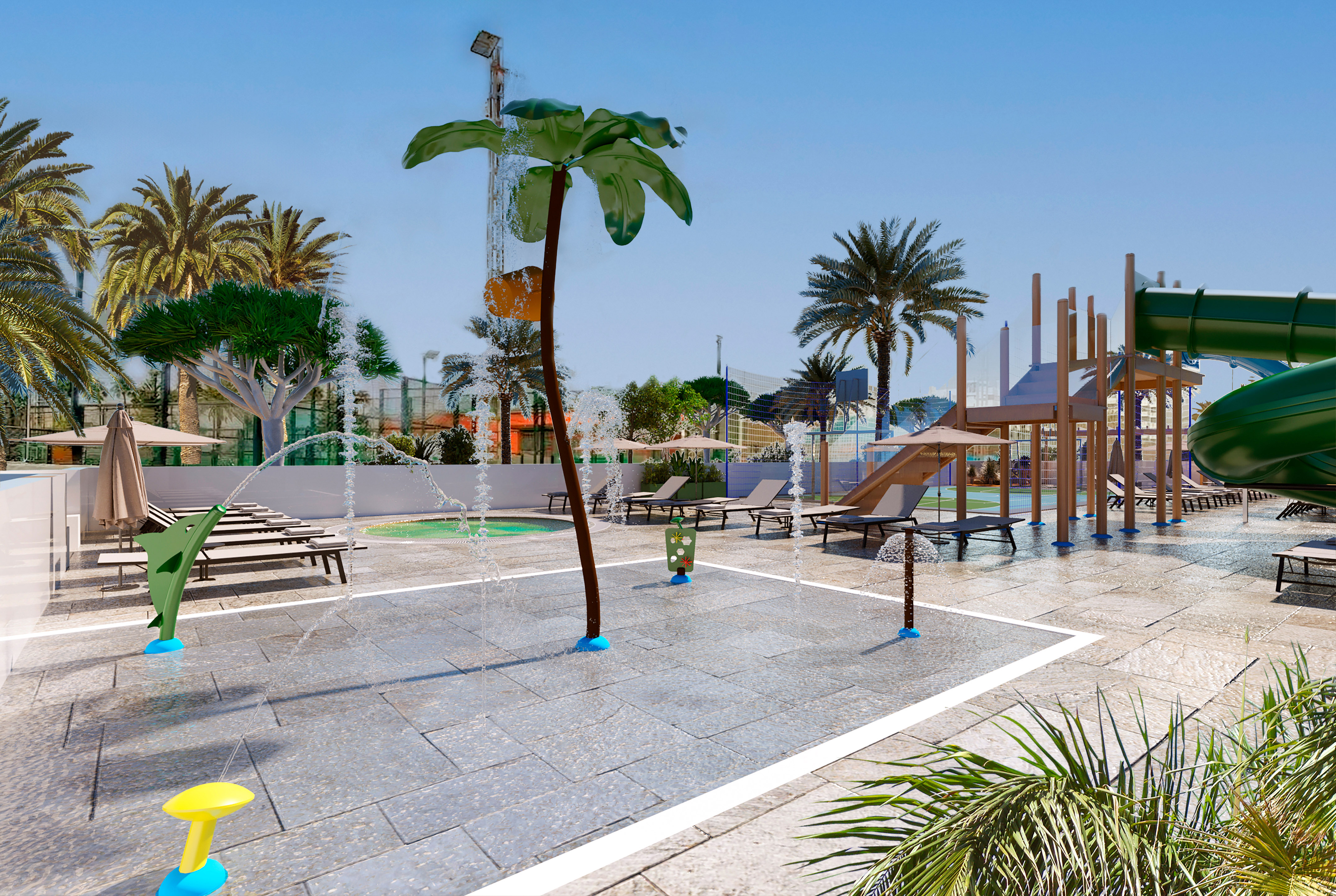a water fountain with palm trees and a playground
