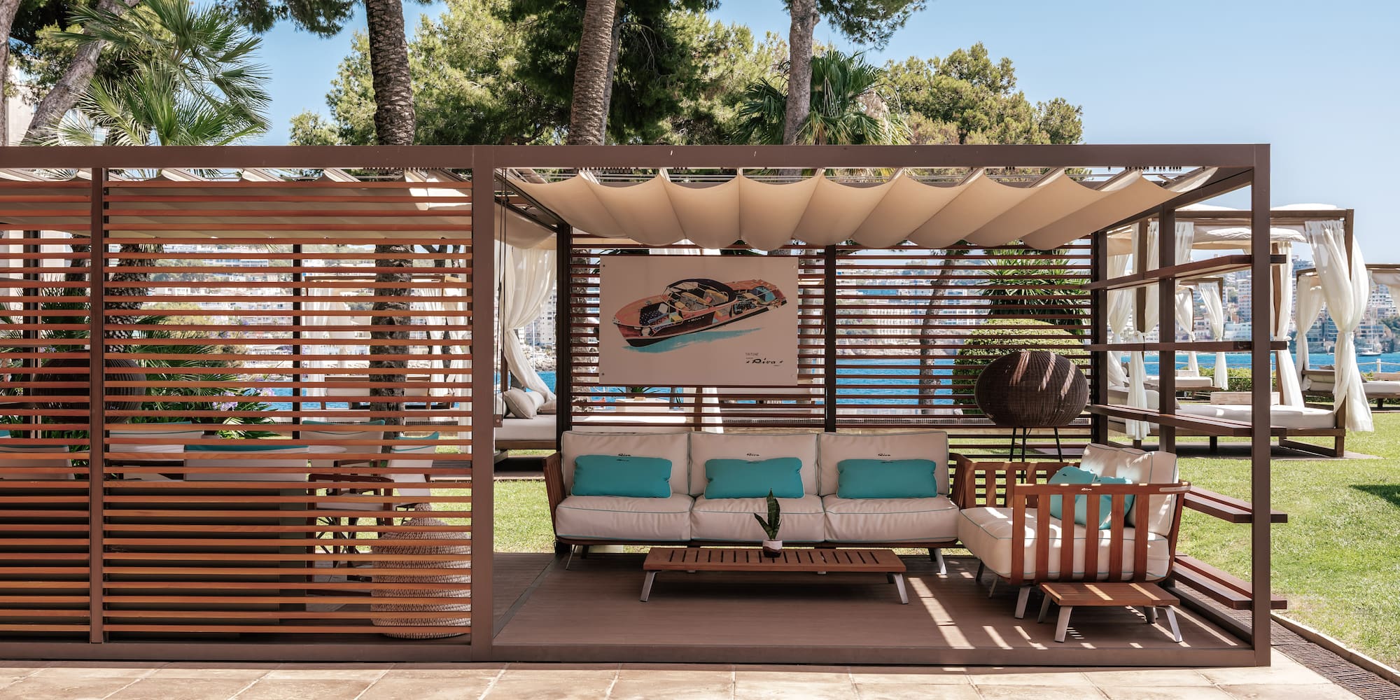 a patio with a couch and a table