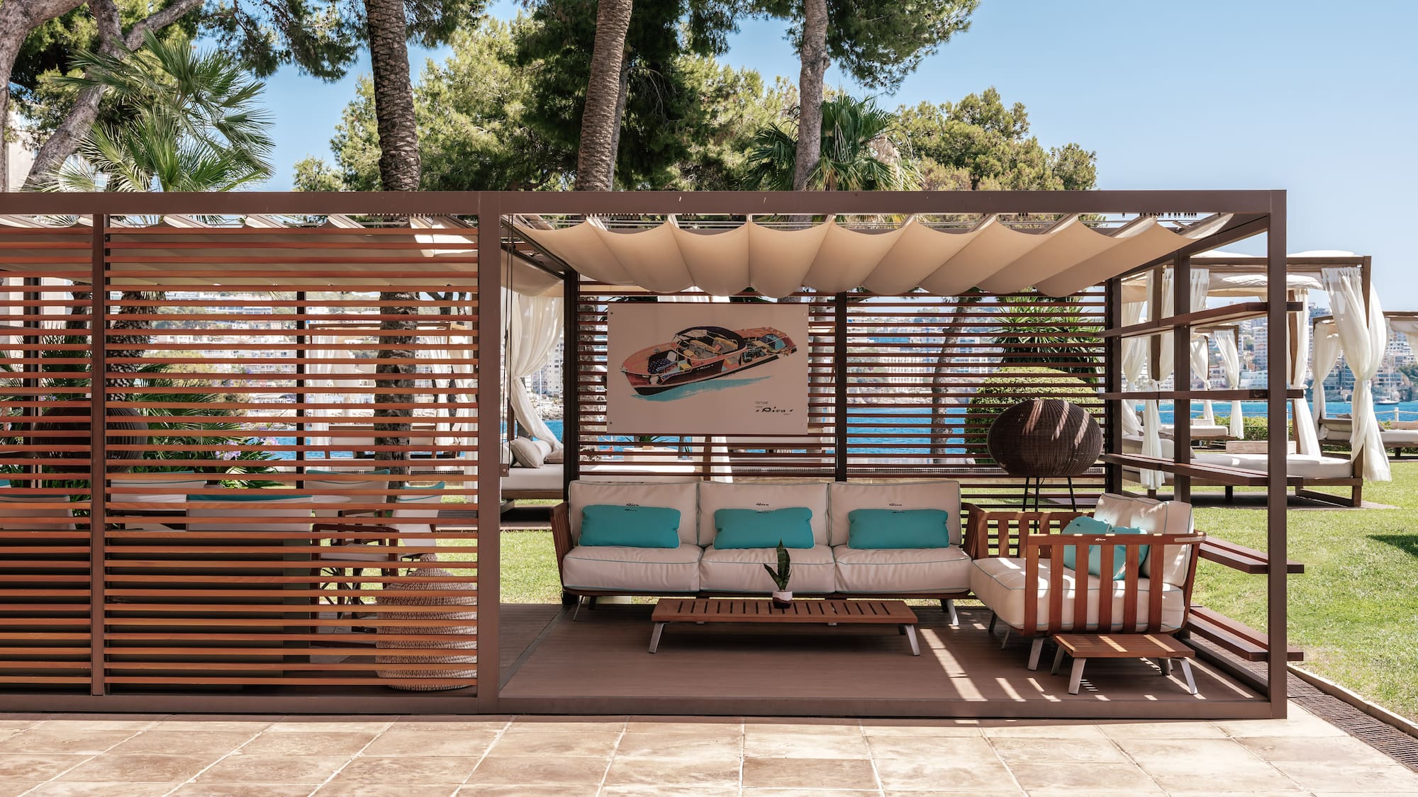 a patio with a couch and a table