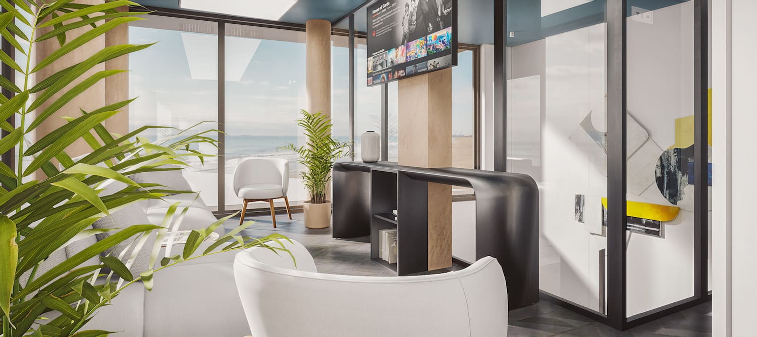 a room with a television and a large window