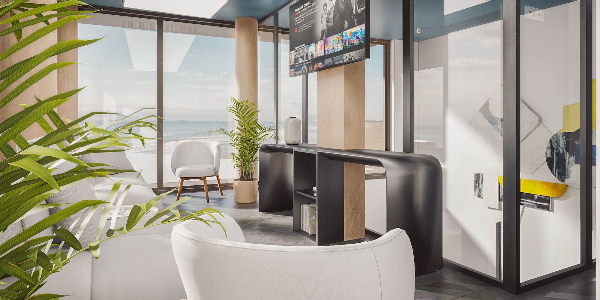 a room with a television and a large window