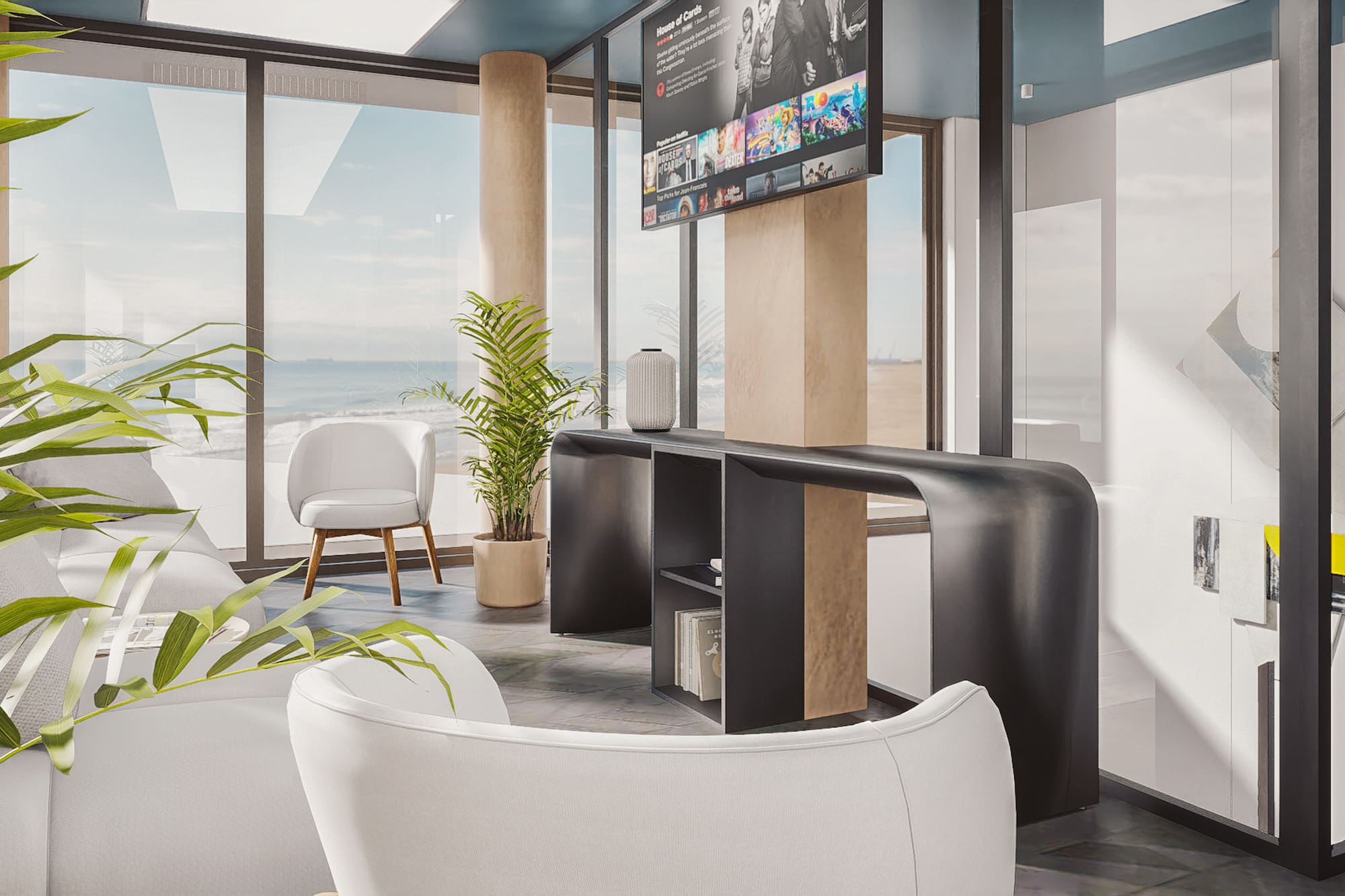 a room with a television and a large window