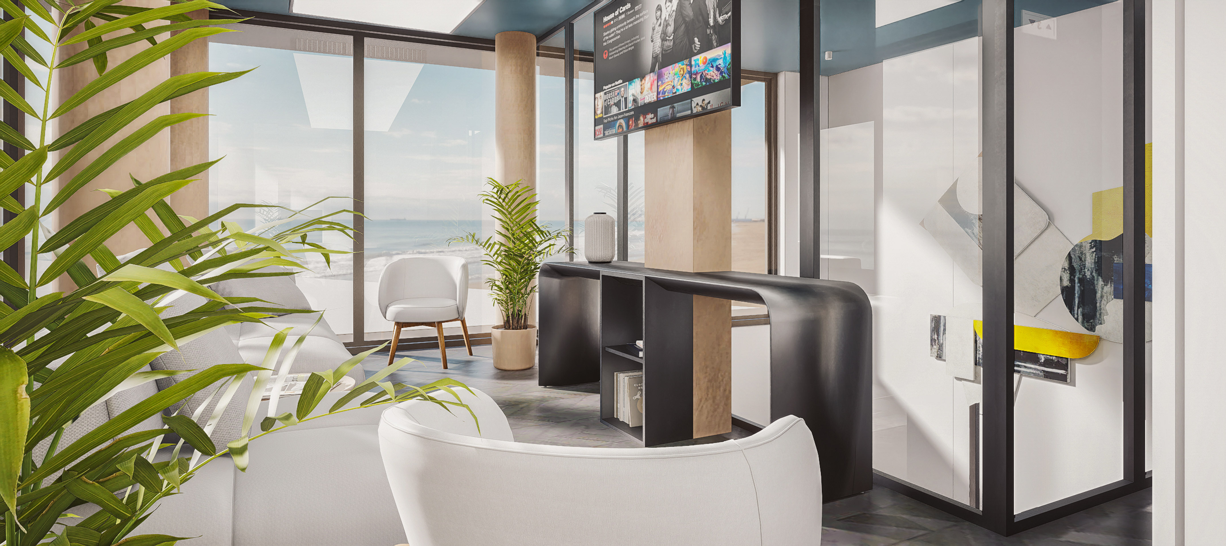 Modern living room overlooking the ocean, with white furniture, TV, and green plants.
