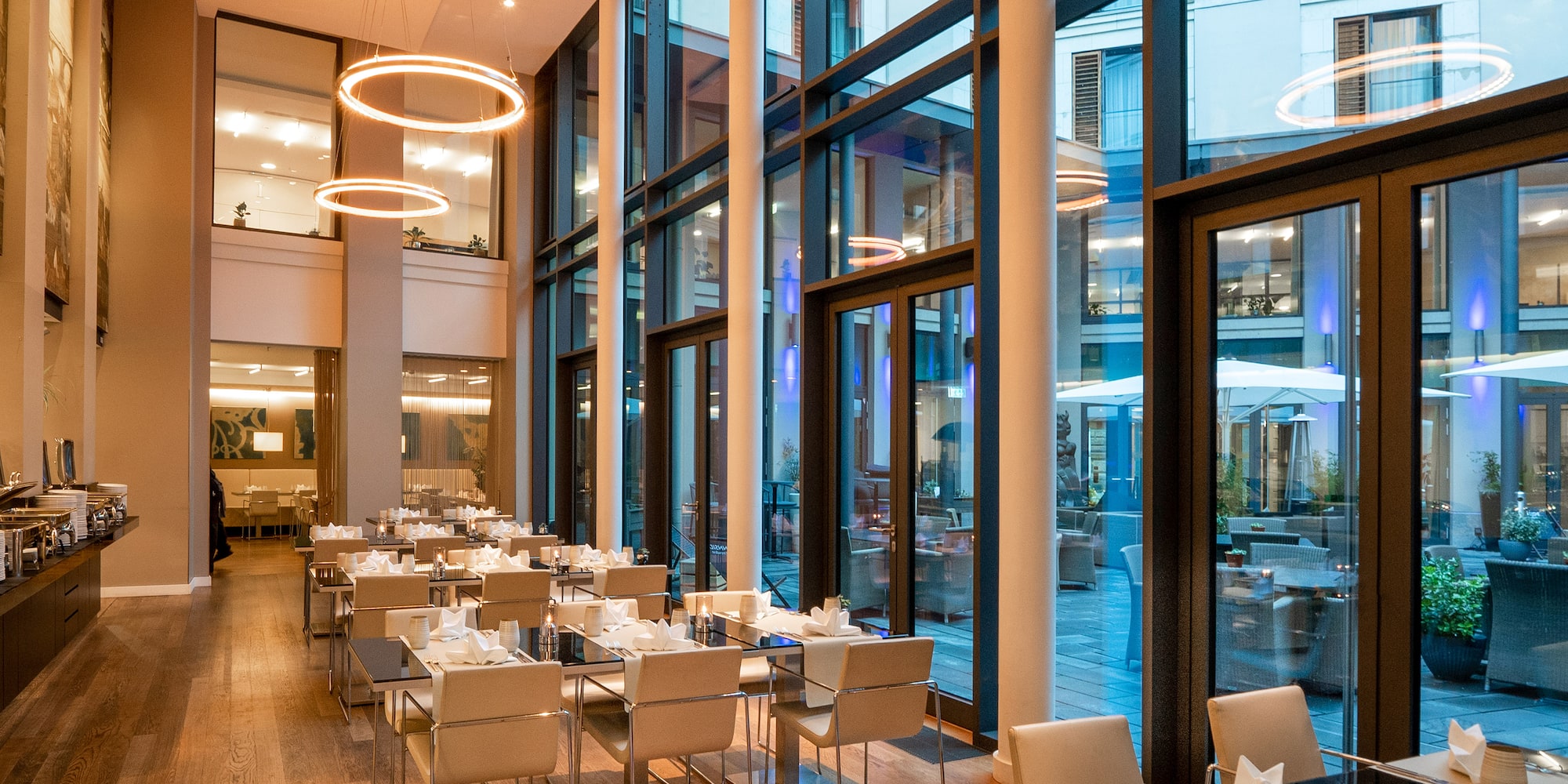 a room with tables and chairs