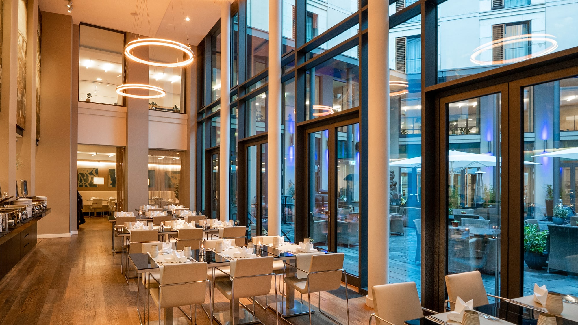 a room with tables and chairs