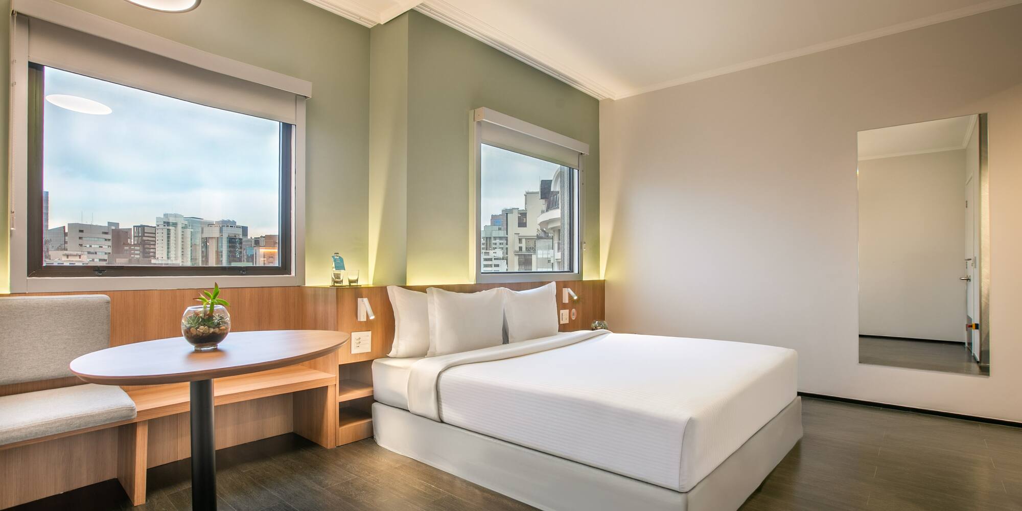 a room with a bed and a table
