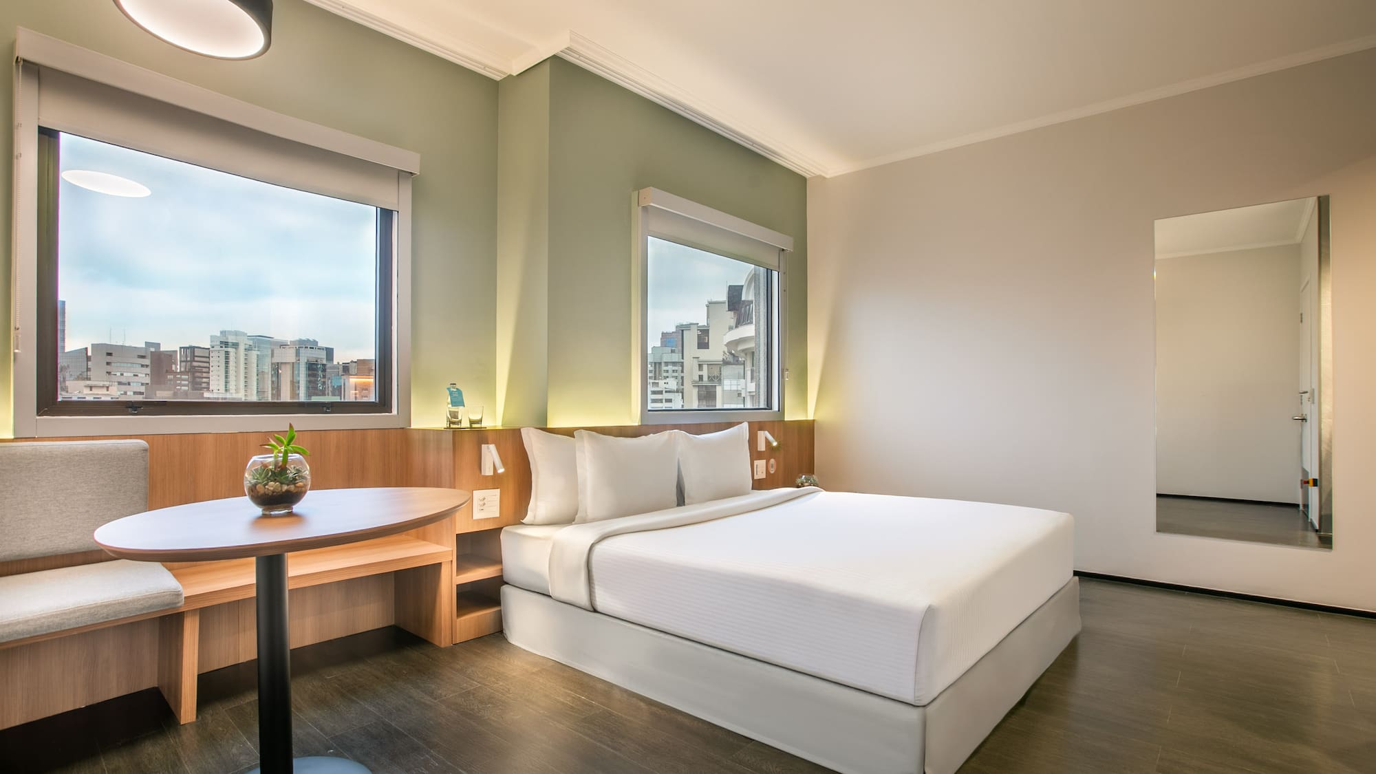 a room with a bed and a table