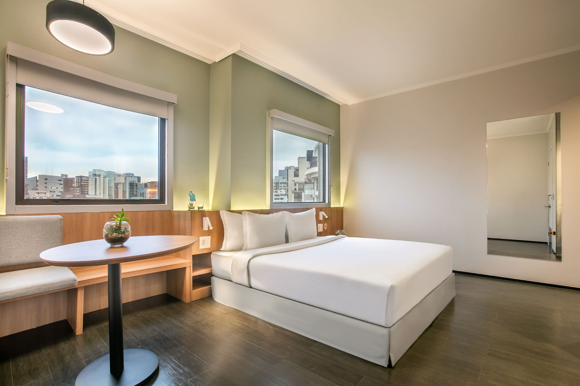 a room with a bed and a table