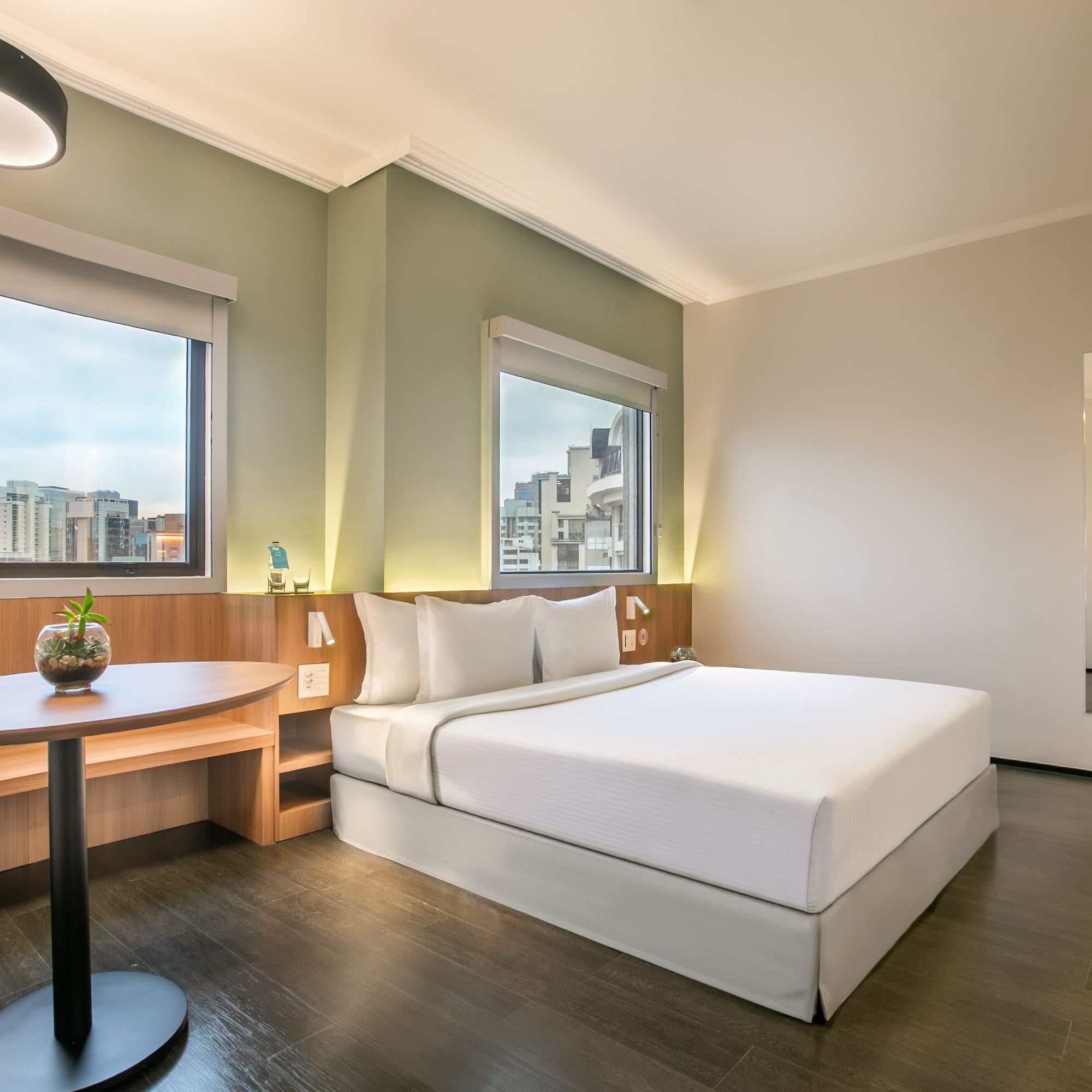 a room with a bed and a table
