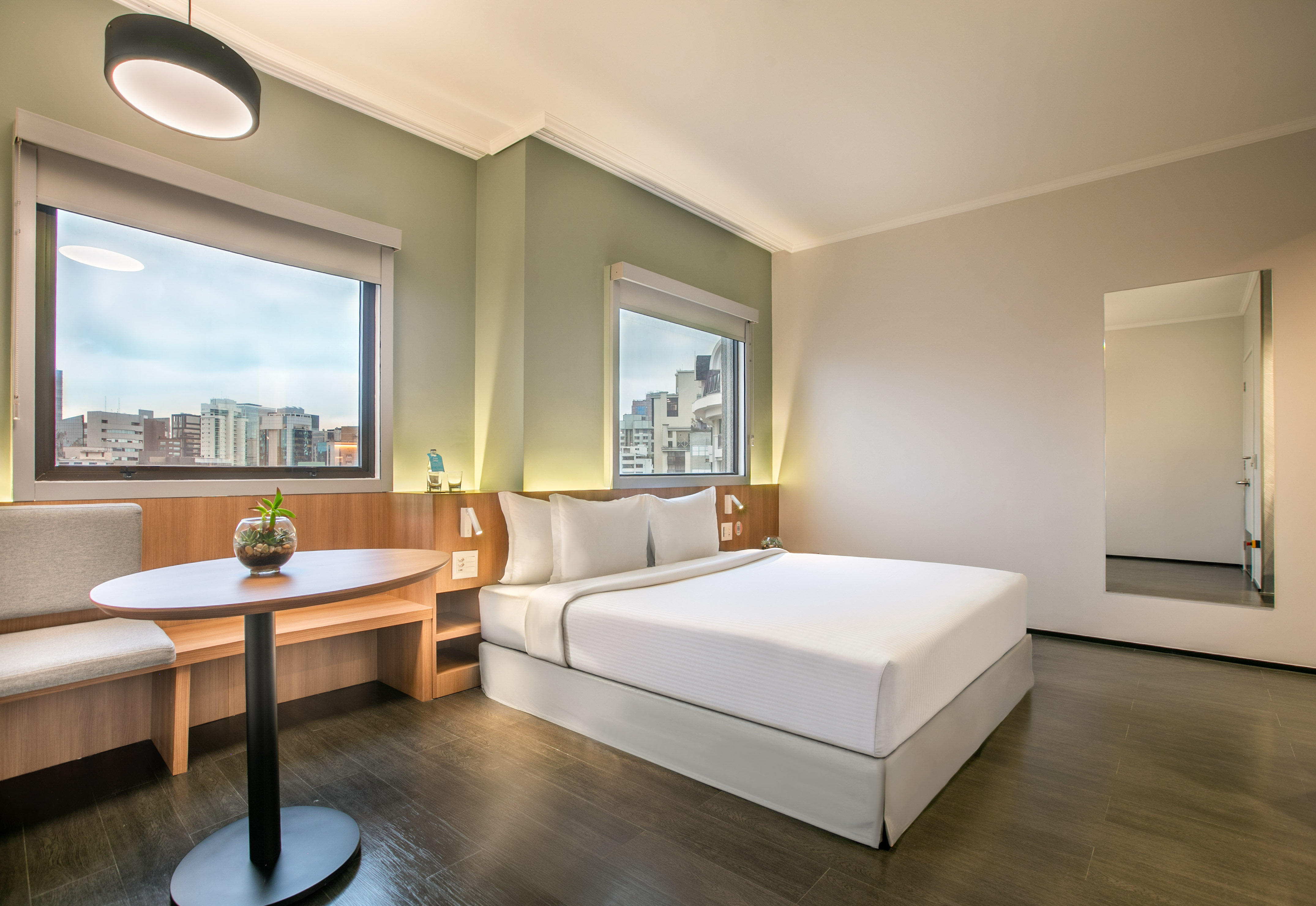 a room with a bed and a table