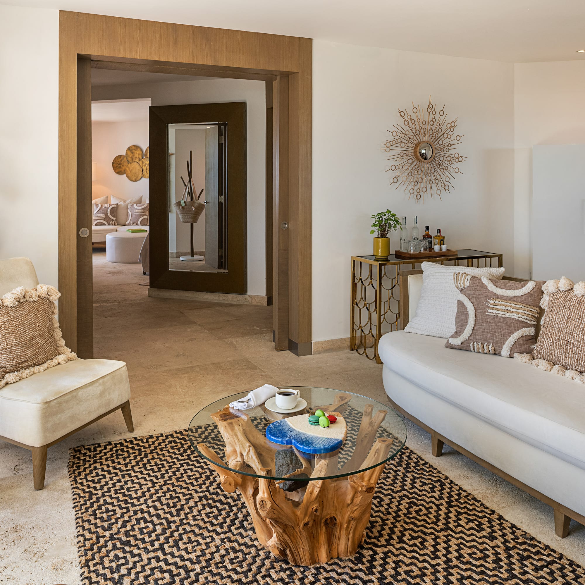 a living room with a couch and a coffee table