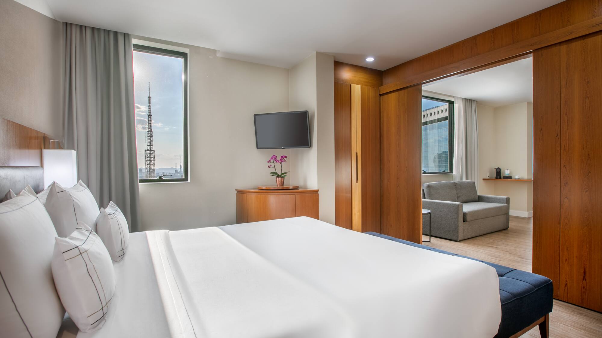 a bedroom with a bed and a television